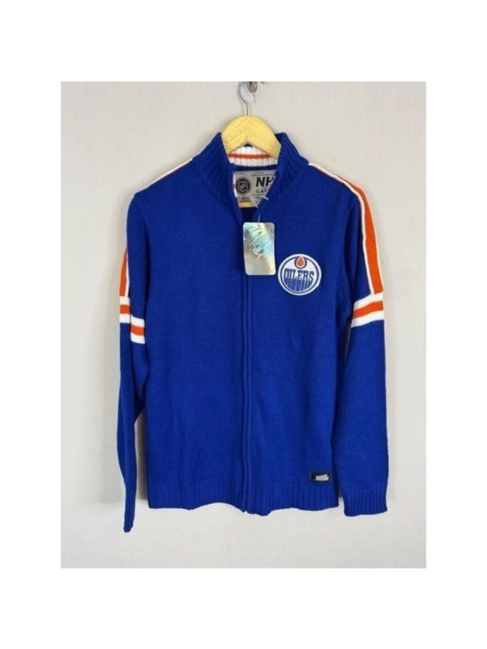 NHL VIntage Edmonton Oilers Ilanco Full Zip Knit Sweater Blue Orange Mens Small